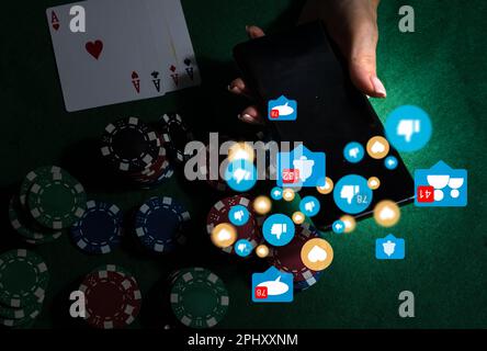 businessman use smartphone online to social network, touchscreen device connecting to global cyber net, digital link to data information, internet of Stock Photo