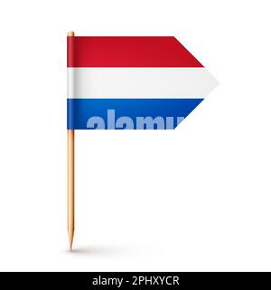 Realistic Dutch toothpick flag. Souvenir from Netherlands. Wooden toothpick with paper flag. Location mark, map pointer. Blank mockup for advertising Stock Vector