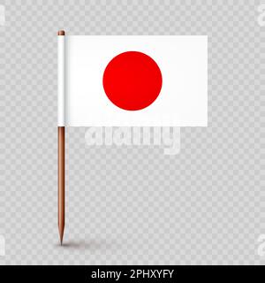 Realistic Japanese toothpick flag. Souvenir from Japan. Wooden toothpick with paper flag. Location mark, map pointer. Blank mockup for advertising and Stock Vector