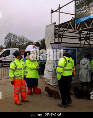 This is Kieran the mascot of the Kier group at a public open day at Toddbrook reservoir where Kier are working on repairs and improvements to the dam. Stock Photo