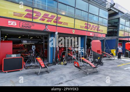 Melbourne, Australia. 30th Mar, 2023. The Scuderia Ferrari team garage seen ahead of the Formula One Australian Grand Prix at the Albert Park Circuit in Melbourne. (Photo by George Hitchens/SOPA Images/Sipa USA) Credit: Sipa USA/Alamy Live News Stock Photo