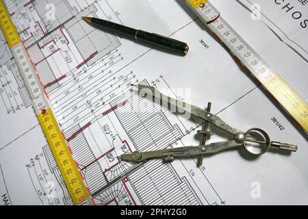 architectural drawing with folding rule, pencil and compass Stock Photo