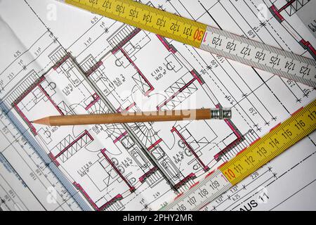 architectural drawing with pencil and folding rule Stock Photo