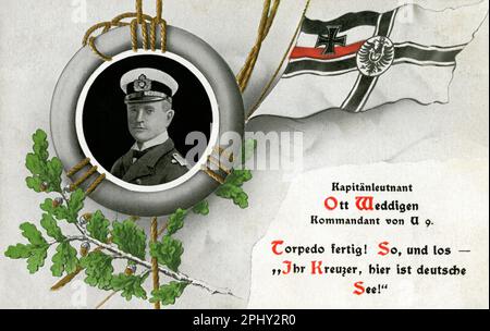 Europa, Deutschland, 1. Weltkrieg , Propaganda - Postkarte mit dem Porträt von Otto Weddigen, Kommandant von U 9 , Postkarte verschickt 1915 , Rechte werden nicht vertreten .  /  Europe, Germany, WW I , propaganda postcard showes the portrait of Otto Weddigen, wellknown captain of the submarine U 9 together with the so called ' Reichskriegsflagge ' , postcard sent 1915, there are no rights . Stock Photo