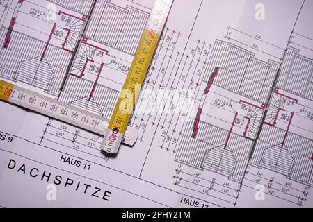 architectural drawing with folding rule Stock Photo