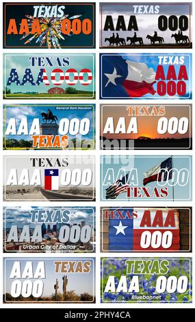 Complete Set 12 Texas State United States License Plates - Texas 12 USA States, Special Design And Regulation For All States, Car numbers of vehicle r Stock Photo