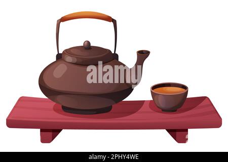 Traditional Japanese kettle or teapot with cups on wooden table, tea ceremony in cartoon style isolated on white background. Vector illustration Stock Vector