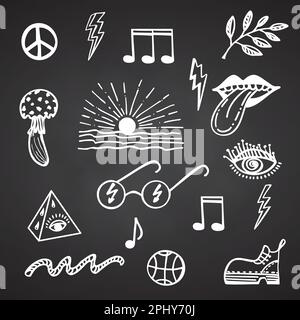 Collection of groove psychedelic elements. Retro design of hipster icons Doodle style graphic. Vintage trippy White symbols on chalkboard background Stock Vector