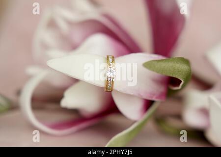 Luxury gold wedding ring, selective focus Stock Photo
