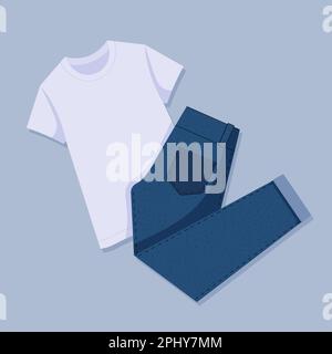 White T-shirt and blue jeans. Womens casual outfit ideas flat lay. Trendy look. View from above. Vector illustration in flat cartoon style. Stock Vector