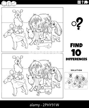 Black and white cartoon illustration of finding the differences between pictures educational game with purebred dogs animal characters coloring page Stock Vector