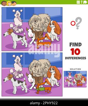 Cartoon illustration of finding the differences between pictures educational game with purebred dogs animal characters Stock Vector