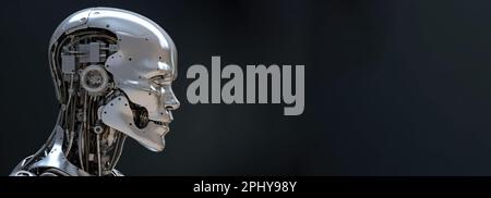Profile of a robot against a gray background with ample copy space, a visual representation of the growing field of artificial intelligence and technology integration Stock Photo
