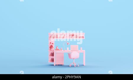 Pink Office Modern Desk Drawers Chair Bookshelf Studio Space Workplace Remote Working Work Kitsch Blue Background Front View 3d illustration render Stock Photo
