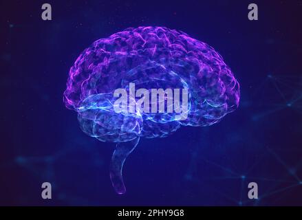 Glowing X-ray image of human brain in blue wireframe on isolated black ...