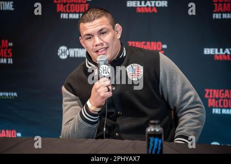 Temecula, CA - March 28th: Marcelo Golm addresses the media at the Bellator 293 Golm vs James at Pechanga Resort and Casino on March 31st, 2023 in Temecula, California, USA. (Photo by Matt Davies/PX Images) Stock Photo