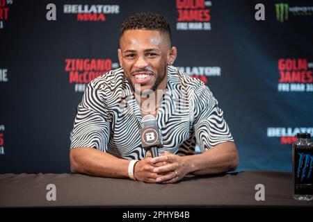 Temecula, CA - March 28th: Archie Colgan addresses the media at Bellator 293 Golm vs James at Pechanga Resort and Casino on March 31st, 2023 in Temecula, California, USA. (Photo by Matt Davies/PX Images) Stock Photo