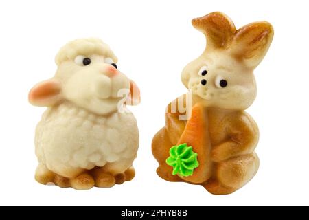 Marzipan Easter Bunny with lamb isolated on white background Stock Photo