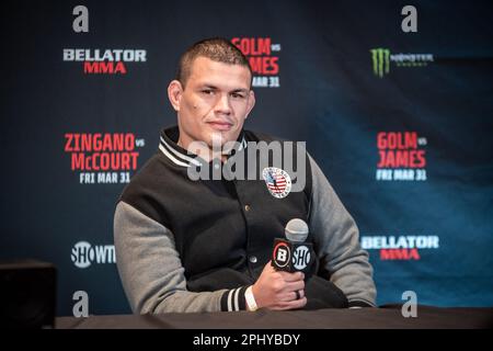 Temecula, CA - March 28th: Marcelo Golm addresses the media at the Bellator 293 Golm vs James at Pechanga Resort and Casino on March 31st, 2023 in Temecula, California, USA. (Photo by Matt Davies/PX Images) Stock Photo