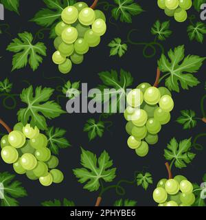 Seamless pattern with green grape vines on a black background. Vector seamless background Stock Vector