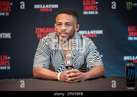 Temecula, CA - March 28th: Archie Colgan addresses the media at Bellator 293 Golm vs James at Pechanga Resort and Casino on March 31st, 2023 in Temecula, California, USA. (Photo by Matt Davies/PX Images) Stock Photo