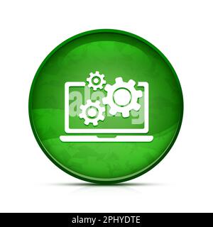 Laptop and gears icon on classy splash green round button Stock Photo