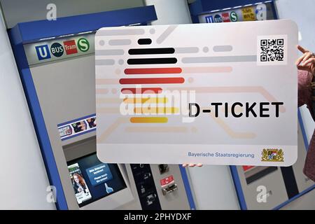 Theme image -The 49 Euro D-Ticket. The Germany-Ticket comes with the Germany-Ticket - D-Ticket for short - from May 1st, citizens can travel easily in all local public transport for only 49 euros per month Central station in Munich on March 30, 2023. ? Stock Photo