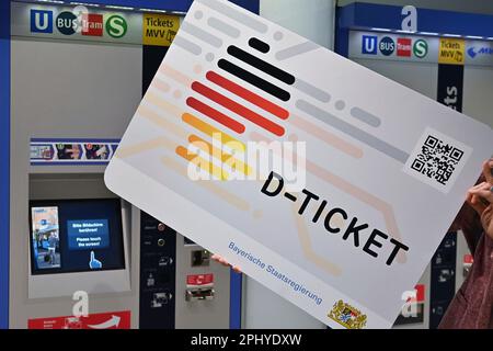 Theme image -The 49 Euro D-Ticket. The Germany-Ticket comes with the Germany-Ticket - D-Ticket for short - from May 1st, citizens can travel easily in all local public transport for only 49 euros per month Central station in Munich on March 30, 2023. ? Stock Photo