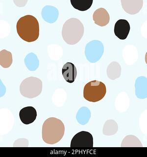 Seamless neutral polka dots pattern. Brown, beige hand-drawn circles on blue background. Abstract points ornament. Vector boho dotted illustration for Stock Vector