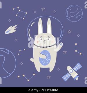 Cute astronaut rabbit in space on blue background with spaceship, stars, planets and meteorite. Vector illustration for baby collection, design, decor Stock Vector
