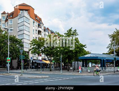 Franz-Neumann-Platz, Residenzstraße and Markstraße,Reinickendorf, Berlin. Apartment buildings and entrance to U-bahn subway station Stock Photo