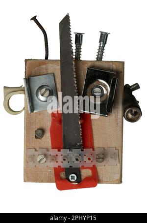 A robotic head made of wood and various small industrial parts isolated on the white background Stock Photo