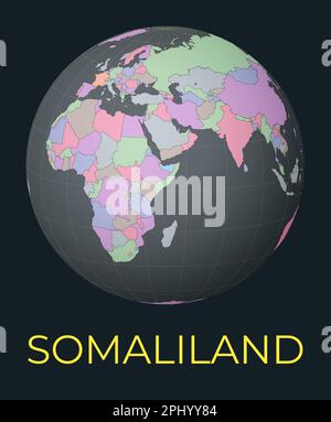 World map centered on Somaliland. Red country highlighted. Satellite world view centered on the country with name. Vector Illustration. Stock Vector