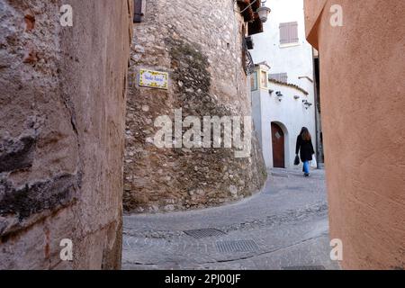 The view of town of Limone del Garda on Lake Garda in a sunny day. Province of Brescia, Lombardia, Italy. Stock Photo