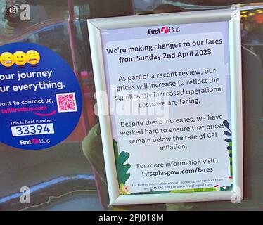 Glasgow, Scotland, UK 30tht March, 2023.   Rising fuel costs and increasing wages sees first bus pass on the costs to passengers in increased fares. Credit Gerard Ferry/Alamy Live News Stock Photo