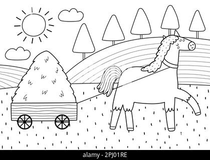 Cute horse pulling a cart with a hay stack on a green meadow print in black and white Stock Vector