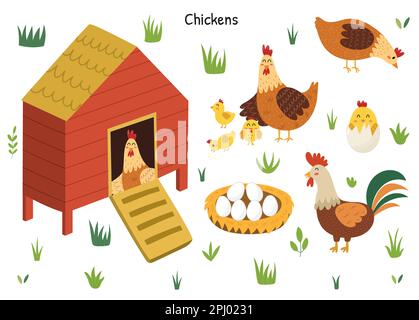 Chicken set with a cute hen, rooster, chicks and eggs. Chicken coop with a bird inside Stock Vector