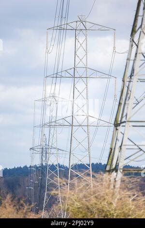 Electricity pylons in UK countryside carrying high-voltage overhead power lines. Stock Photo