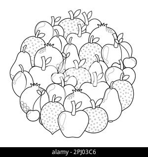 Doodle fruits circle shape coloring page. Mandala with apples, lemon Stock Vector