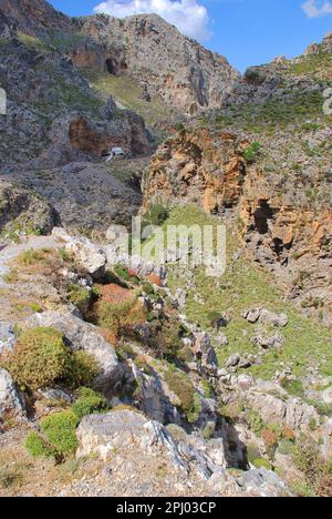 The rugged Kourtaliotis Gorge where birds of prey can often be circling high above the mountain tops. Stock Photo