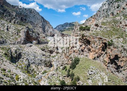 The rugged Kourtaliotis Gorge where birds of prey can often be circling high above the mountain tops. Stock Photo