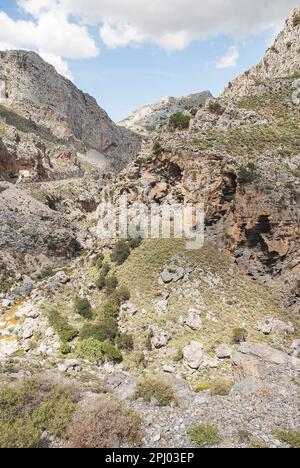 The rugged Kourtaliotis Gorge where birds of prey can often be circling high above the mountain tops. Stock Photo