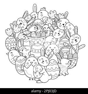 Cute Easter bunnies and chicks circle shape coloring page. Doodle mandala with Easter characters Stock Vector