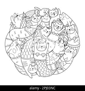 Cute mermaid cats circle shape coloring page. Doodle mandala with funny feline animals for coloring book Stock Vector