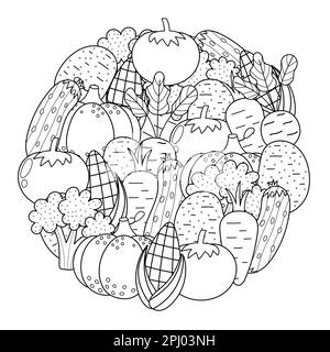 Fresh vegetables circle shape pattern for coloring book. Doodle healthy food mandala coloring page Stock Vector