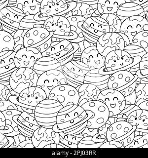 Cute planets black and white seamless pattern. Solar system planets coloring page Stock Vector