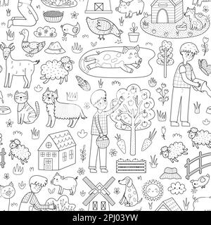 Cute black and white farm animals seamless pattern. Pig in mud, boy gathering apples Stock Vector