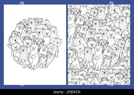 Coloring pages set with cute bears. Doodle forest animals templates for coloring book Stock Vector