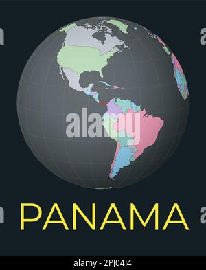 World map centered on Panama. Red country highlighted. Satellite world view centered on the country with name. Vector Illustration. Stock Vector