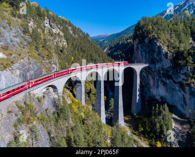 Landwasser Viaduct with train and locomotive, railway bridge near ...